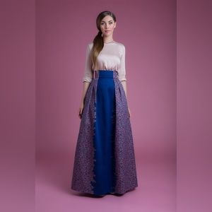 Katarina Dorokhova Long Blue Maxi Skirt Brocade Gold Pink Flowers Size Medium 46
